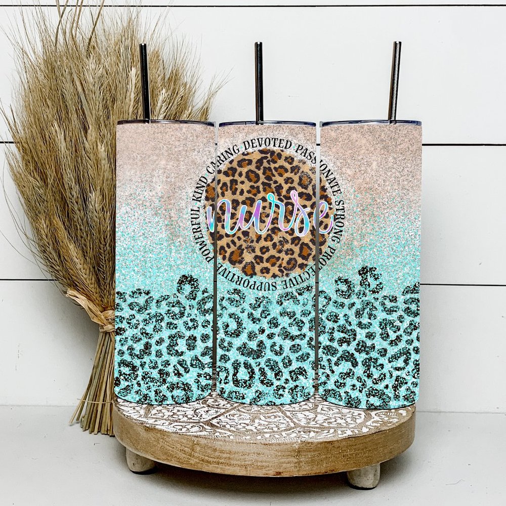 Nurse Leopard Faux Glitter 20oz Tumbler With Metal Straw